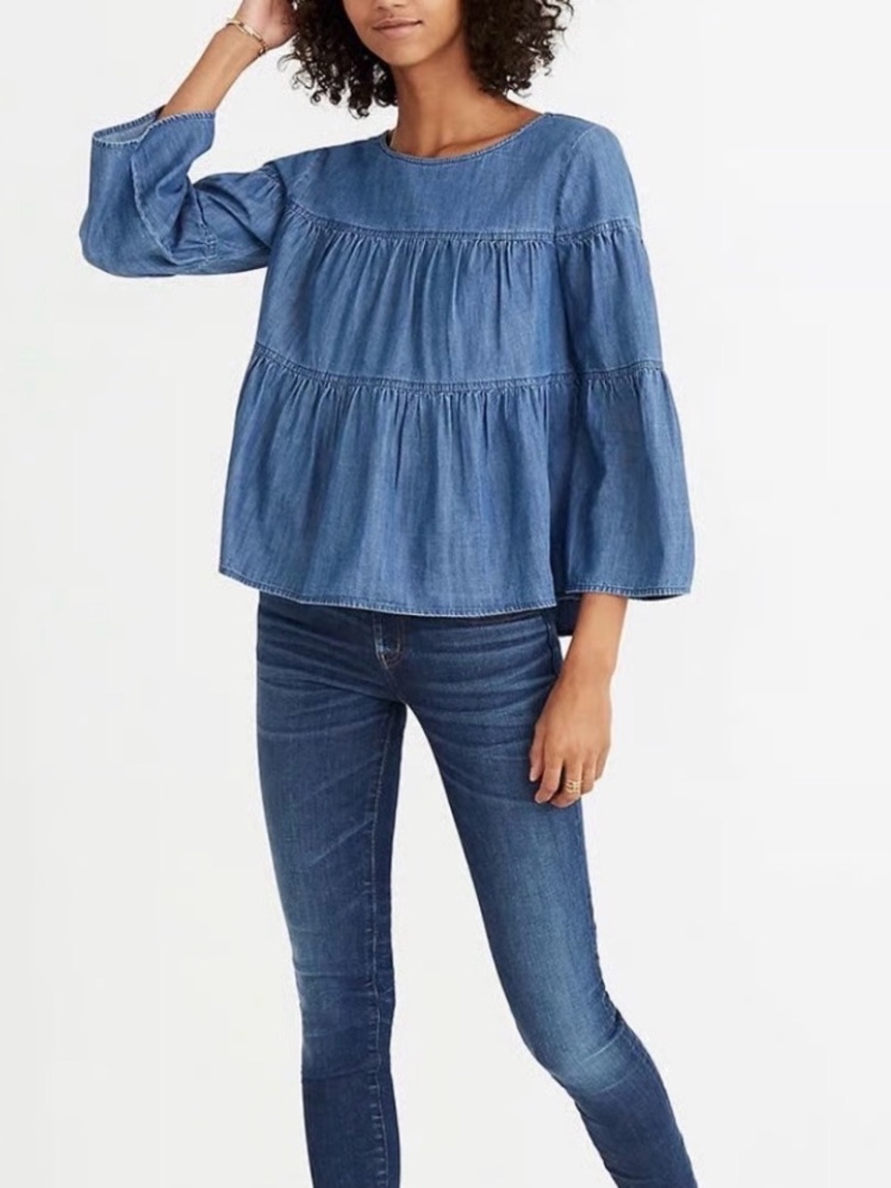 Madewell Lightweight Denim Tiered Peasant Top - Blue